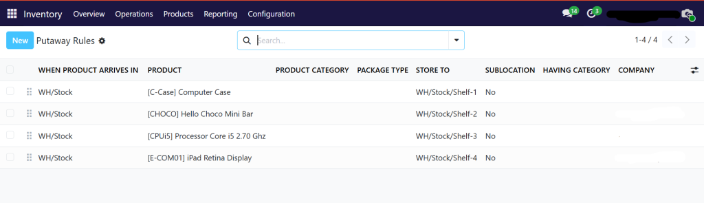 Put away rules to move products automatically into different racks or shelfs after receiving stock in warehouse